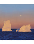 Two icebergs float serenely in a deep blue Arctic sea, bathed in the golden light of a setting sun.