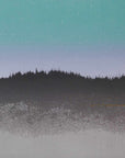 A dreamy, luminous abstract landscape screen print that evokes the quiet mystery of a starlit night seen from a snow-covered forest clearing.