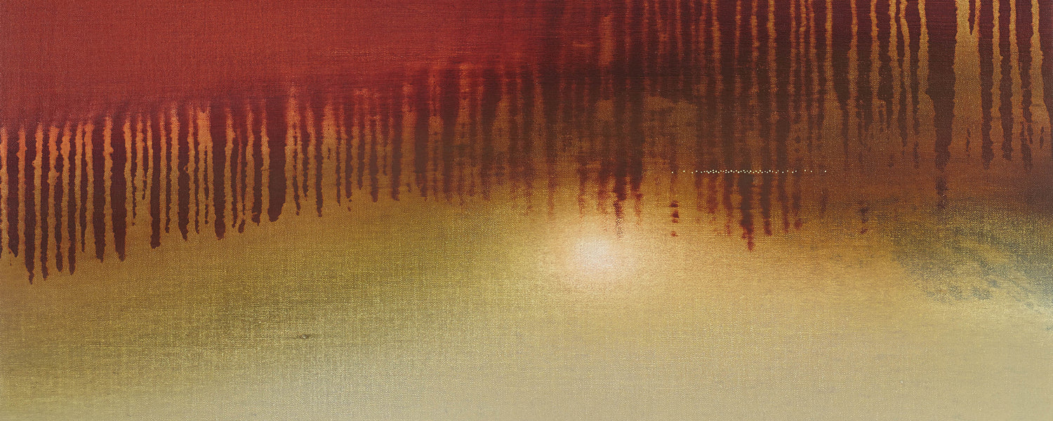 Detail from “Until it Goes Again” by Nicholas Jones — earthy reds, brown greens, and a sense of autumn trees at sunset.