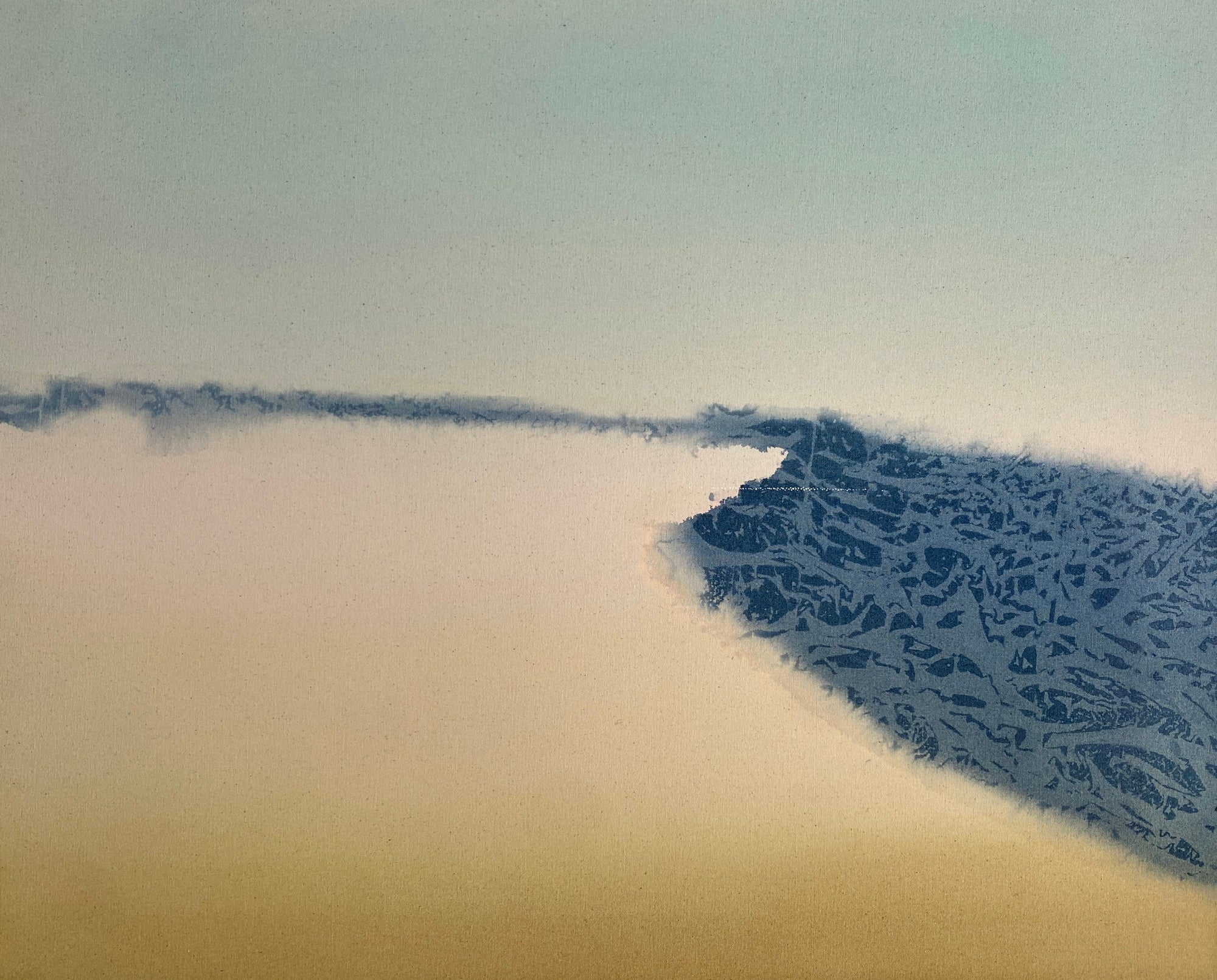 An abstract landscape painting suggesting blue-grey landform emerging from a warm haze